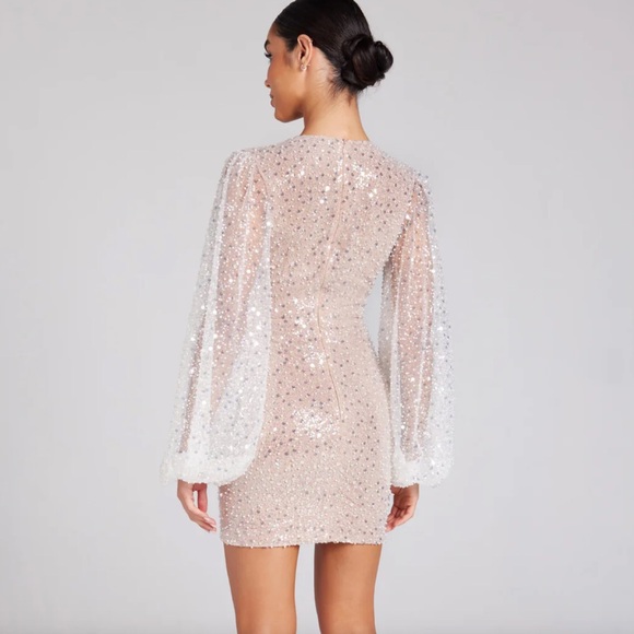 NADINE MERABI WHITE SILVER SEQUIN BEADED BALLOON LONG SLEEVE v-neck MAYA DRESS - Picture 2 of 14